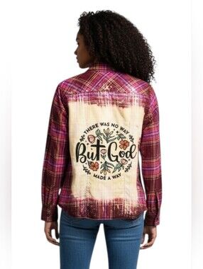 But God Custom Christian Upcycled Plaid Shirt, Women's S